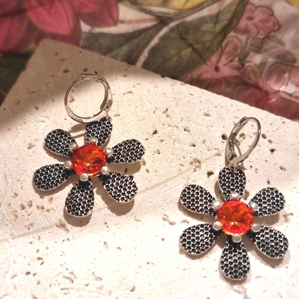 Silver Flower Earrings with Orange Accents | NWOT